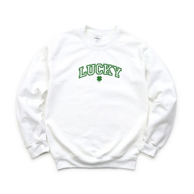 Simply Sage Market Women's Graphic Sweatshirt Embroidered Lucky Varsity Clover St. Patrick's Day- Green Ink