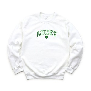 Simply Sage Market Women's Graphic Sweatshirt Embroidered Lucky Varsity Clover St. Patrick's Day- Green Ink - 1 of 3
