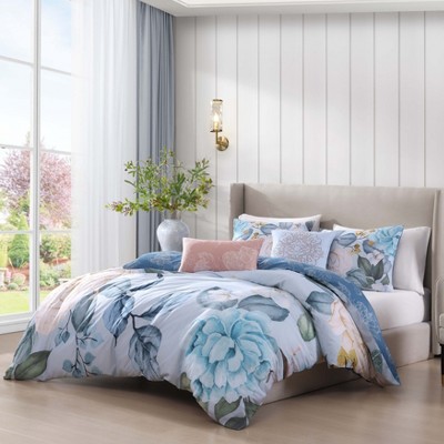 Sky Blue Floral Cotton Queen Reversible Comforter Set