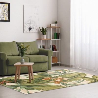 Large Ivory and Green Tropical Leaf Flatwoven Synthetic Rug