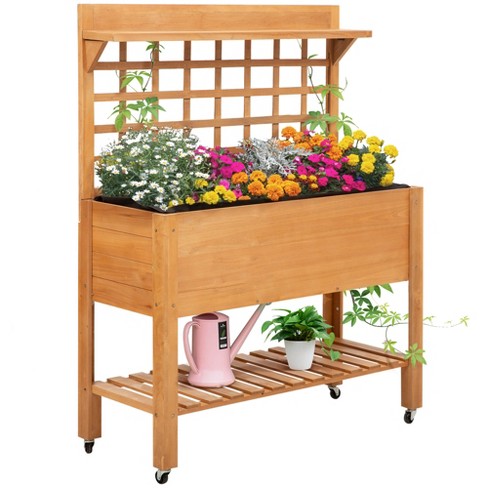 Outsunny 41'' Raised Garden Bed Mobile Elevated Wooden Planter Box Stand With Trellis And Storage Shelf, Brown : Target