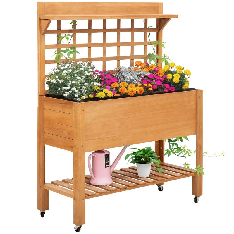 Outsunny 41'' Raised Garden Bed Mobile Elevated Wooden Planter Box Stand with Wheels, Trellis and Storage Shelf, 1 of 8