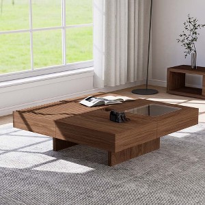 POVISON Mid Century Modern Coffee Table, Minimalist Wood Veneer Coffee Table with Multifunctional Storage for Living Room, 39.37'', Walnut - 1 of 4