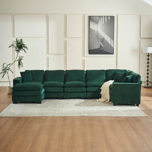 TiramisuBest Modern U-Shaped 6-Seat Sectional Sofa with Ottoman & 3 Toss Pillows, Modular Corduroy Sofa for Living Room, Orange - 1 of 4