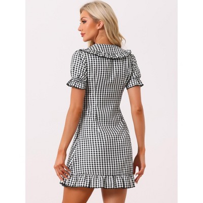 Allegra K Women's Plaid Gingham Mini Dress - Peter Pan Collar, Ruffled Hem, Pink - View #7