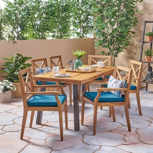 Christopher Knight Home Safire Outdoor Acacia Wood 7 Piece Dining Set with Cushion - 1 of 4