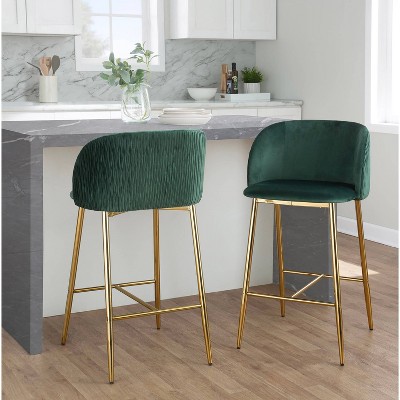 Set of 2 Green Velvet and Gold Metal Counter Stools