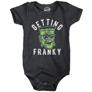 Getting Franky Baby Bodysuit Funny Sarcastic Frankenstein Graphic Novelty Halloween Jumper For Infants - Crazy Dog Baby Bodysuit For Halloween Season - 1 of 4