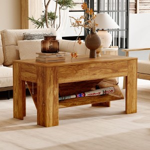 Farmhouse Style Concealed Compartment Coffee Table with Pull Cord Mechanism - 1 of 4