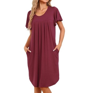 cheibear Women's Pleated Front Short Sleeve Nightgowns House Dress Nightshirt - 1 of 4