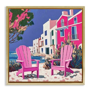Stupell Industries Beach Chair Meetup in Pink Floating Frame Canvas Art, Gold, 18" x 18" - 1 of 4