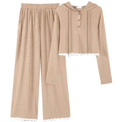 ATHLECHIC Women's Casual Lounge Cropped Half Button Hoodie Top Wide Leg Pants Ribbed Knit Tracksuit Two Piece Sets