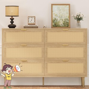 Jojoka Rattan 6 Drawer Dresser with Gold Legs and Handles, Modern Wide Double Chest of Drawers for Bedroom Living Room - 1 of 4
