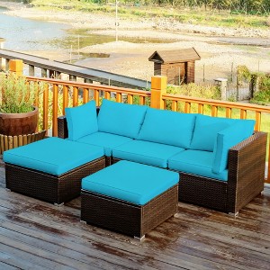 Costway 5PCS Patio Rattan Sectional Conversation Set Ottoman Turquoise - 1 of 4