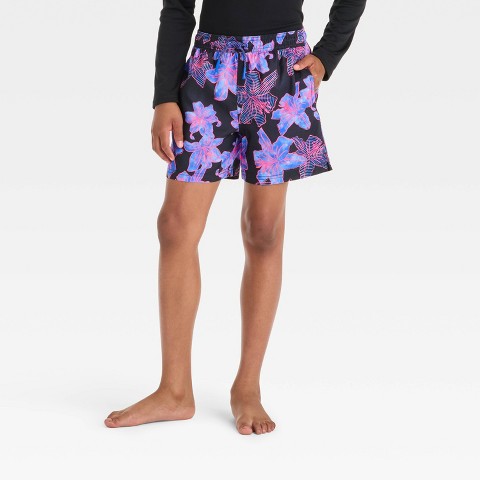 Art Class Boys' May Lilies Swim Trunks - art class™ Black and Purple XS: Adjustable Waistband, UPF 50+ Protection