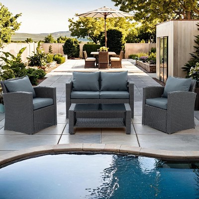 ELJGET 4 Piece Patio Furniture Set Outdoor Wicker Conversation Sets All Weather PE Rattan Sectional Sofa Set with Cushions & Coffee Table