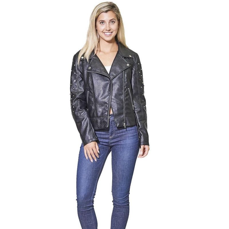 Members Only Women's Faux Leather Studded Biker Jacket - Black - X-Small, 1 of 5