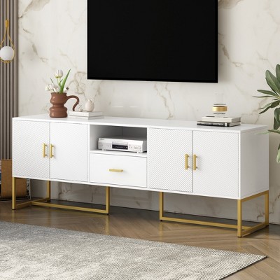 TIRAMISUBEST Modern TV Stand for TV up to 70 Inches, 4-Door Storage Cabinet with 1 Drawer and Anti-tip Device