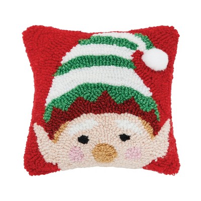 C&F Home 8" x 8" Christmas Peek-A-Boo Elf Face on Red Background Small Petite Accent Hooked Throw Pillow
