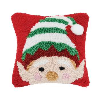 C&F Home 8" x 8" Christmas Peek-A-Boo Elf Face on Red Background Petite Accent Hooked Throw Pillow