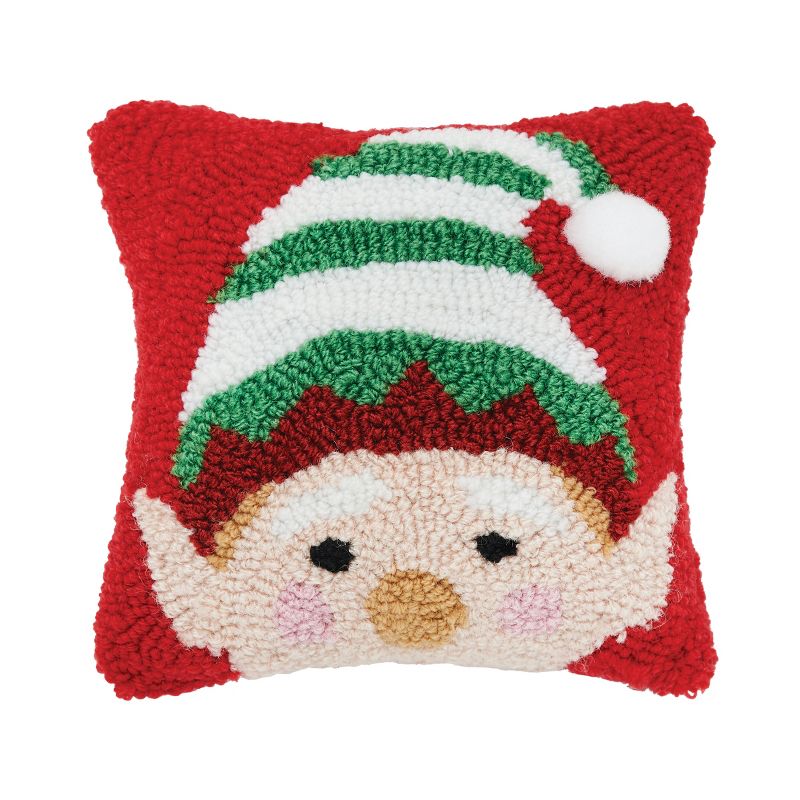 C&F Home 8" x 8" Christmas Peek-A-Boo Elf Face on Red Background Petite Accent Hooked Throw Pillow, 1 of 6