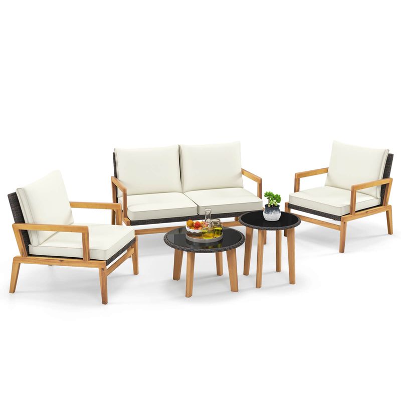 Tangkula 5 Piece Rattan Furniture Set w/ Wicker Woven Sofa Set & Solid Acacia Wood Frame, 3 of 5