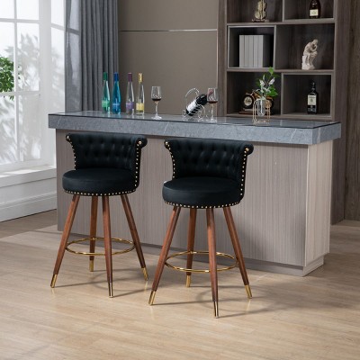 Tufted Velvet Barstools,Swivel Button Tufted Bar Chairs with Nailheads Trim,Swivel Counter Height Barstools with Backs Set of 2-Cuddlewood