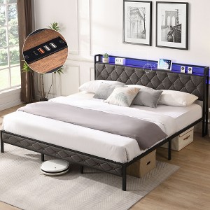 Sapphtopaz Upholstered Platform Bed Frame with Storage Headboard, Heavy Metal Slats & Noise-Free for Modern Bedrooms, Adults & Families - 1 of 4