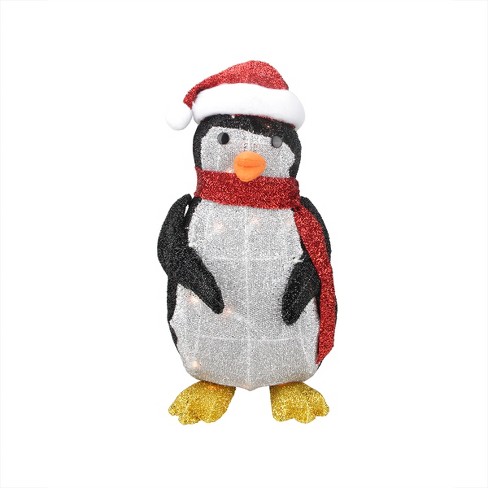 Northlight 19 5 Lighted Tinsel Penguin With Santa Hat Outdoor