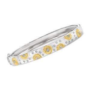 Ross-Simons Diamond-Accented Sunflower Bangle Bracelet in 2-Tone Sterling Silver - 1 of 4