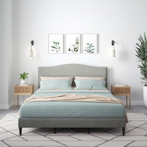 Glenwillow Home Kameli Upholstered Platform Bed, Nailhead Trim Camelback, Mattress Foundation, No Box Spring Needed, Stone, California King - 1 of 4