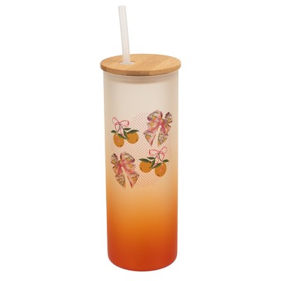 Elanze Designs 25 Ounce Frosted Glass Gradient Travel Tumbler With Straw and Wooden Lid, Citrus Orange