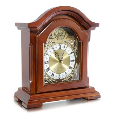 Redwood Oak Mantel Clock with Chime and Glass Enclosure