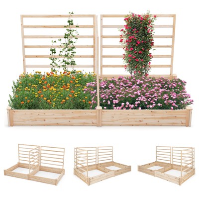 Tangkula Raised Garden Bed with 3 Trellises Outdoor Wood Planter Box with Divided Compartments