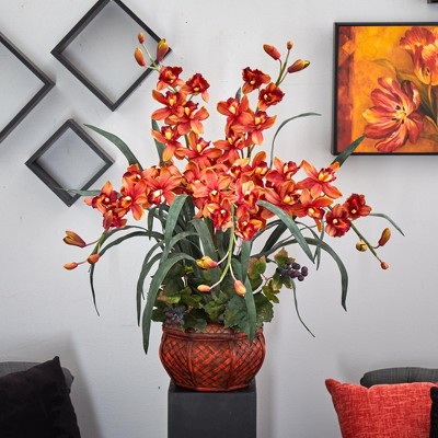 Nearly Natural White Cymbidium Silk Flower Arrangement with Decorative Vase