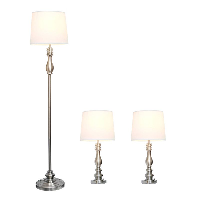 3pc Perennial Morocco Classic Metal Lamp Set - Brushed Steel, White Drum Fabric Shades - Lalia Home, 2 of 7