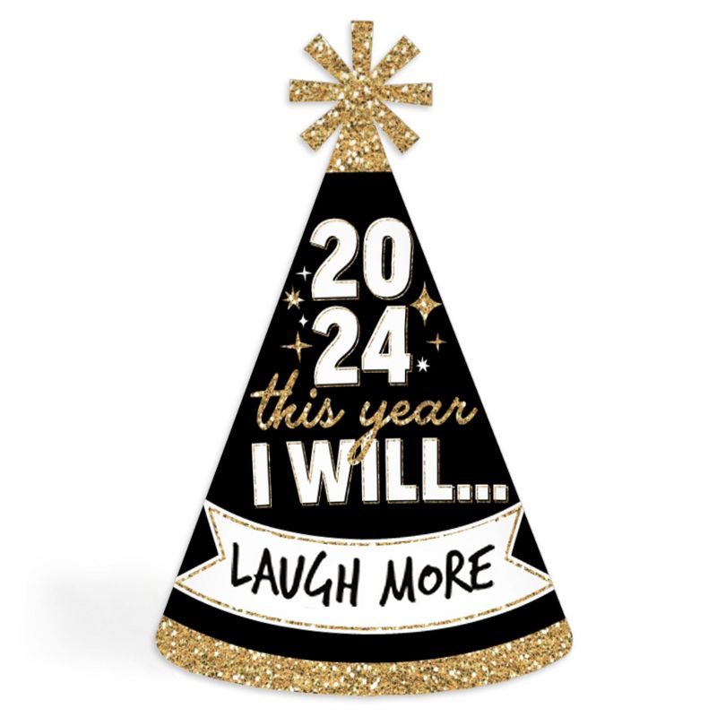 Big Dot of Happiness Hello New Year - Cone Party Hats - 2024 NYE Resolution Cone Party Hat for Adults - Set of 8 (Standard Size), 5 of 9