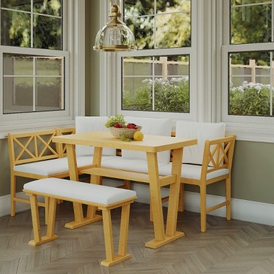 6 PCS Farmhouse Style Modular Dining Set, Dining Table with Bench and Chairs, Rubber Wood Frame Chairs with Polyester Cushion-Coolbibila