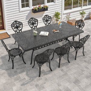 9-Piece Patio Set: Rectangle Table & 8 Chairs - Cast Aluminum, All-Weather/Umbrella Hole & Adjustable Legs for Balcony/Backyard - 1 of 4