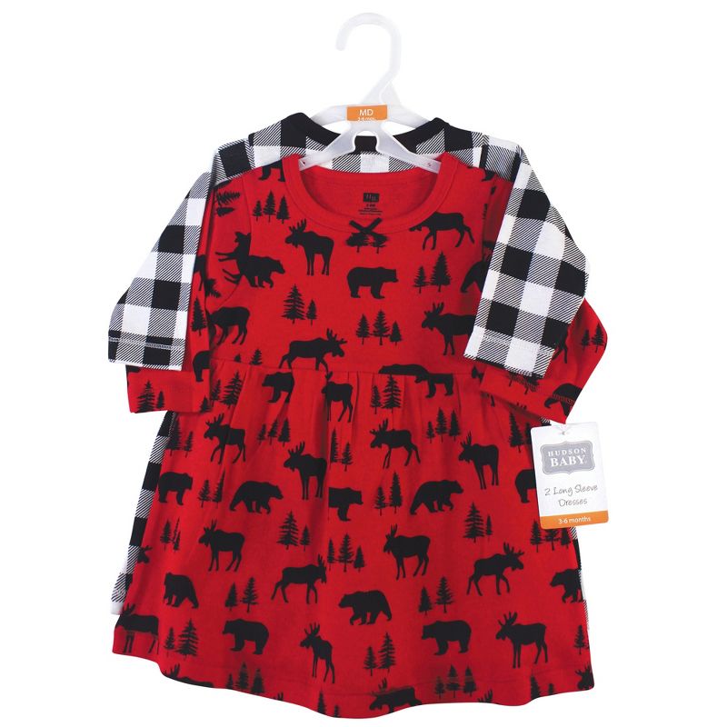 Hudson Baby Infant and Toddler Girl Cotton Long-Sleeve Dresses 2pk, Red Moose Bear, 3 of 4