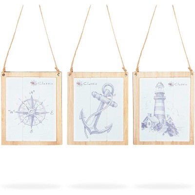 Okuna Outpost 3 Pack Nautical Wooden Wall Art for Home Decor (5.5 x 4.7 In)