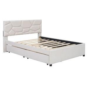 Linen Bed with Stylish Headboard and Trundle for Guest Room - 1 of 4
