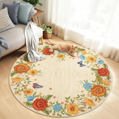 4'x4' Vintage Floral Runner Rug Washable Low Pile, Non-Slip Distressed Carpet for Entryway Living Room Bedroom, Faux Wool Soft Area Rug,Yellow