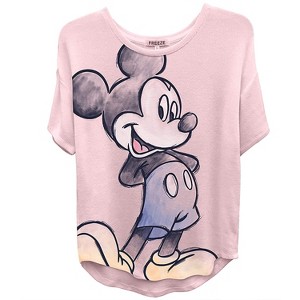 Ladies Mickey Mouse Fashion Shirt - Womens Mickey & Minnie Mouse Top - Disney Curved Hem Hi Lo Short Sleeve Tee - 1 of 4