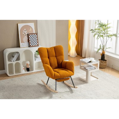 Vynxaria Caramel Teddy Fabric Rocking Chair With Adjustable Footrest