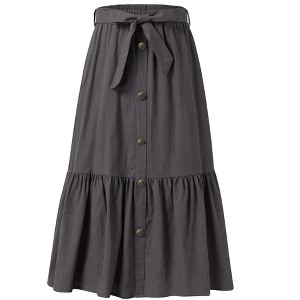 Girls Ruffled Maxi Skirts High Waisted Long Skirt with Belt Button Front Skirts with Pocket Grey 5-14Y - 1 of 4