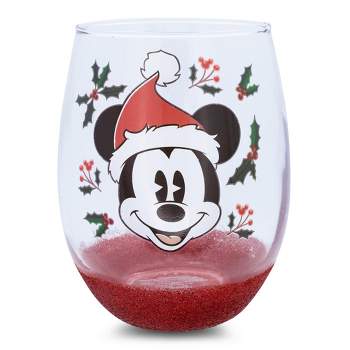 Silver Buffalo Disney Mickey Mouse Santa Hat Teardrop Stemless Wine Glass | Holds 20 Ounces
