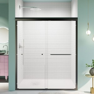 Semi-Frameless Two-Panel Sliding Shower Door, Bypass Type, Matte Black Finish SGCC Tempered Glass - 1 of 4