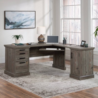 66" Brown Wood L-Shaped Desk with Drawers and Keyboard Tray