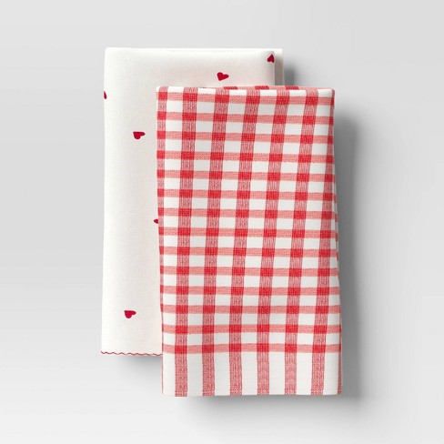 Cupcakes & Cashmere Gingham Plaid Checkered Hearts Kitchen Towels SET OF 3  NWT
